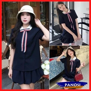 [Hàng xịn loại 1] Set bộ xanh than áo sơ mi cổ sen kèm nơ Thome mix chân váy bí phồng tiểu thư sang chảnh B34 - PANOSI