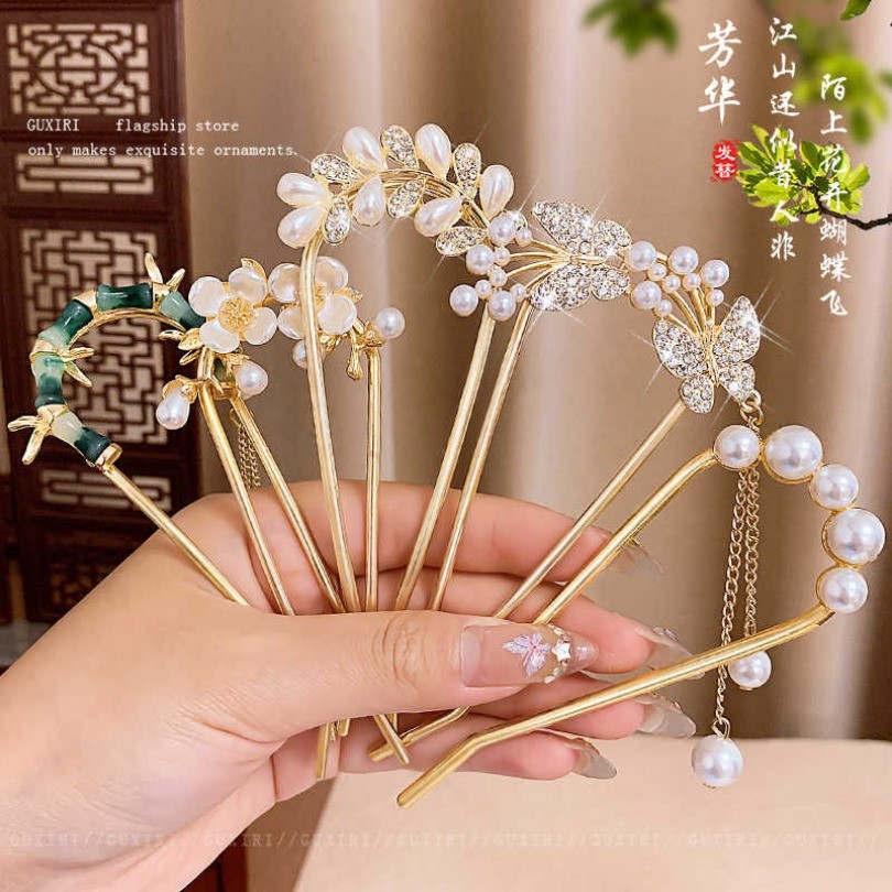 Mới Thời Trang Trung Quốc Hoa Tua Rua Kẹp Tóc Giả Ngọc Trai Hình Chữ U Kẹp Tóc Thời Trang Phụ Kiện Tóc
