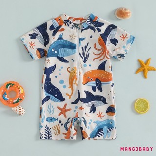 Mg-toddler Bé Trai Bé Gái Đồ Bơi In Hình Cá Mập Tay Ngắn Mock Cổ Zip Up Rash Guard Bộ Đồ Tắm