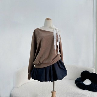 Set Bigsize Nữ Áo Sweater Lệch Vai Dây Ren Phối Chân Váy Bí Ngô Dễ Thương Cho Chubby SET931