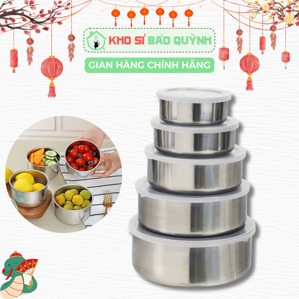 Bộ 5 Thố INOX TRÒN Có Nắp Đậy Chống Bụi An Toàn Sử Dụng - Bộ 5 Hộp Lạnh ...