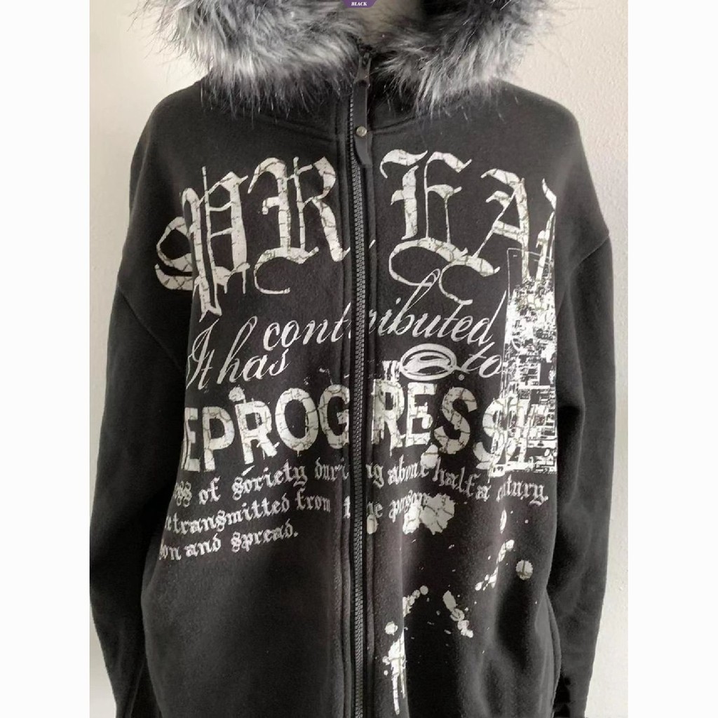 Mỹ Retro Đen Có Mũ Trùm Đầu Nữ Chữ Cái Mùa Thu Đông Đệm Zip Áo Cardigan Mới Áo Khoác Cổ Lông [BL]