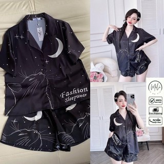 Đồ Bộ Pijama Nữ Cộc Tay MiLi – Áo Tay Ngắn Nút Bọc, Quần Đùi Có Túi – Lụa Latin Cao Cấp Sang Trọng