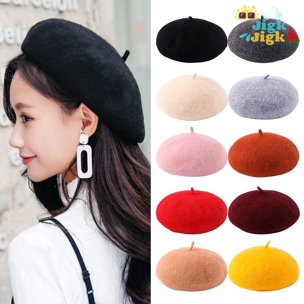 Mũ nồi len JiKK, Phụ kiện màu trơn Mũ nồi nghệ sĩ, Len nguyên khối dày 10 màu Mũ phẳng ấm áp dành cho nữ