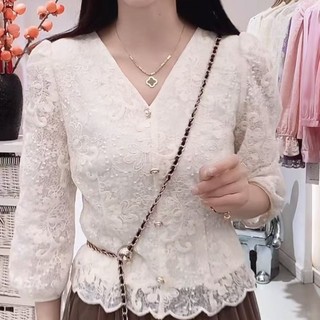 Phong Cách Hàn Quốc Nữ Ôm Eo Ren Thêu 3 / 4 Áo Sơ Mi Tay Áo