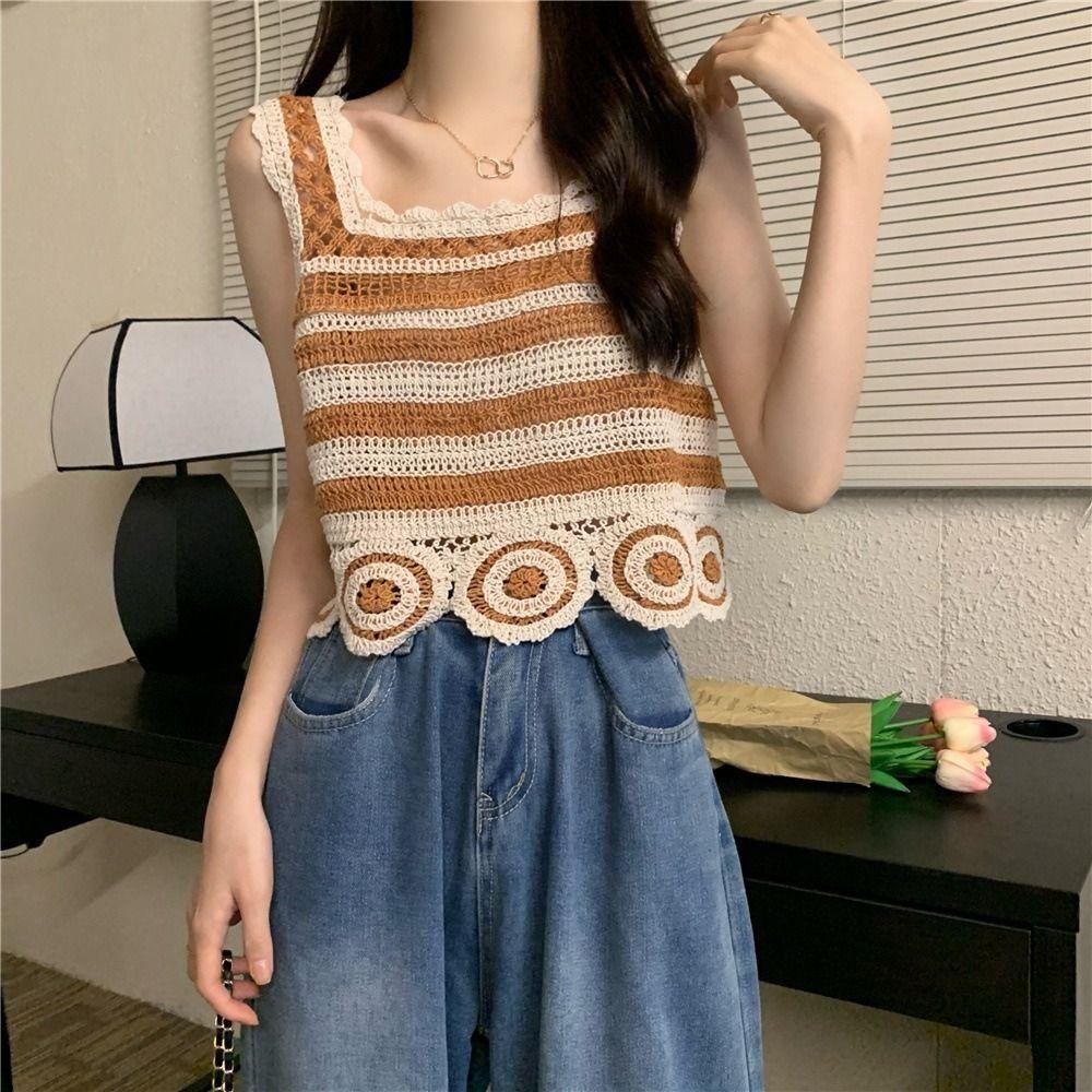 Áo Crop top AWNGD, Áo Vest dệt kim không tay cổ điển, họa tiết thêu thời trang Móc ngắn thanh lịch Bohemia