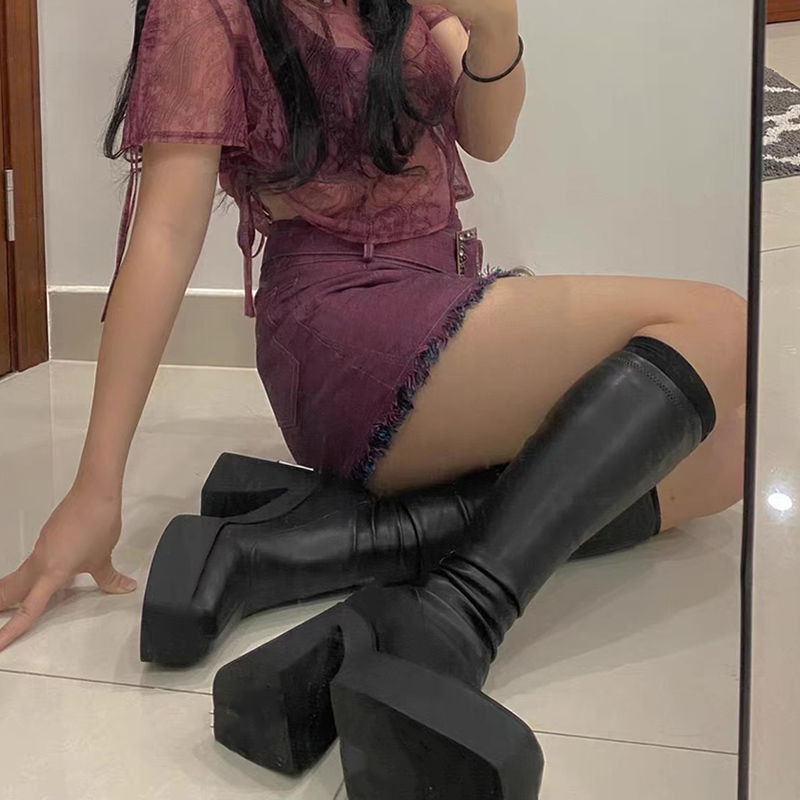 Bốt Nữ Đế Dày Phong Cách Punk Gothic Cao Gót Trên Đầu Gối Dự Tiệc Thời Trang Size Lớn