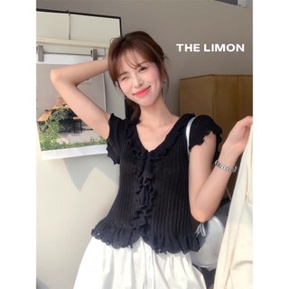THE LEMON Trà xanh chanh 2025 Mùa hè phong cách Pháp áo len ôm sát nhiều màu viền nhún MNM7