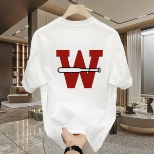 Hàng sẵn có Áo sơ mi thông thường 100% Cotton cao cấp Mặt sau mới với áo thun cổ tròn in chữ W lớn