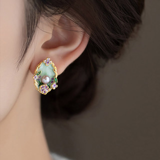 Retro Tranh Sơn Dầu Tính Khí Bông Tai Thời Trang Ngọc Trai Mới Phong Cách Trung Hoa Phong Cách Trung Hoa Hoa Ánh Sáng Sang Trọng Niche Bông Tai