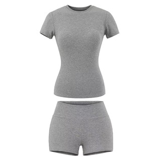 Đơn giản Spice Girl Wind Suit bó sát với miếng đệm ngực Áo thun tay ngắn Quần Short lưng cao Bộ đồ hai mảnh
