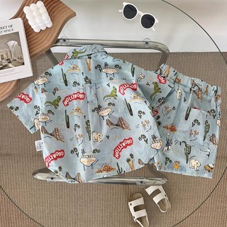 Bộ áo sơ mi mùa hè mới cho bé trai, in hoạt hình, áo ngắn tay retro và quần short, bộ hai mảnh