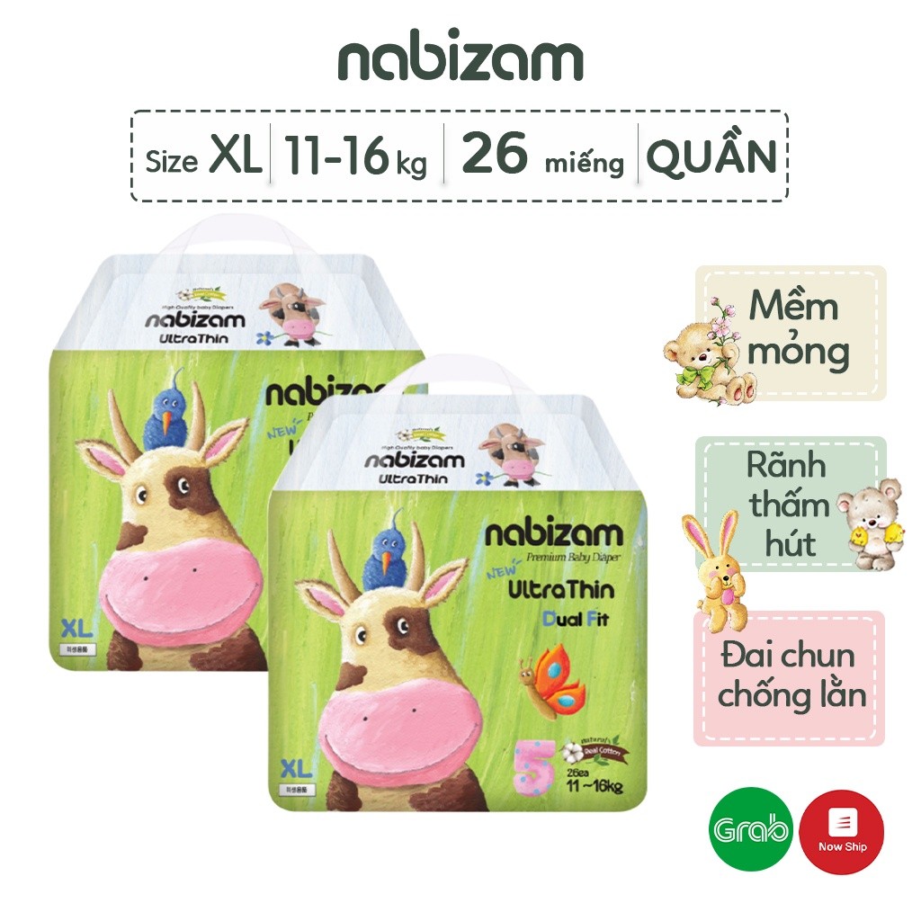 Ảnh Combo 2 Bịch Tã Quần NABIZAM Ultra Thin Nội Địa Hàn Rãnh Chống Tràn Linh Hoạt Size XL Cho Bé Từ 11-16kg, 26 Miếng/Bịch 2