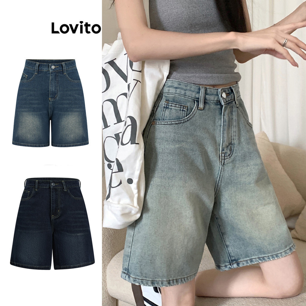 Ảnh Lovito - Quần Short Jean Cạp Cao Denim Có Túi Màu Trơn LNA19020 1