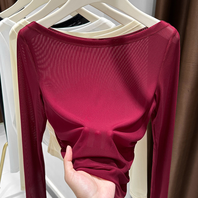 Milyfashion Co Giãn Cao Slim-fit Slimmer Look Encore Red Pure Desire Slanted Vai Cổ Phẳng Áo Thun Nữ Mờ Gạc Dây Dài Tay Top