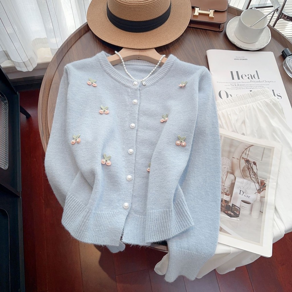 Áo len Hàn Quốc Cardigan dệt kim kiểu Pháp ngọt ngào nhẹ nhàng mềm mại cổ tròn áo len dễ phối