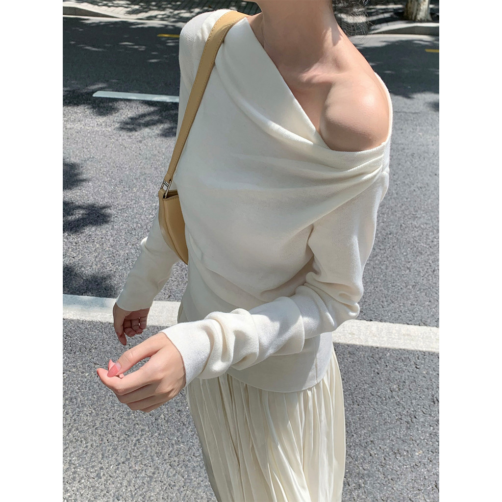 Suxi Casual Màu Trơn Đơn Giản Một Cổ Tắt Vai Slim Fit Áo Thun Dài Tay Nữ Top 241213