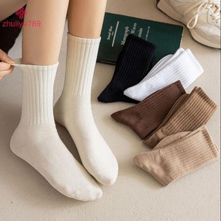 < zhuliye789 > Tất nữ màu đen trắng mùa thu đông Tất ống giữa Hàn Quốc Nhật Bản Ins Xu hướng cà phê Cotton thiết kế cổ điển Tất dành cho học sinh