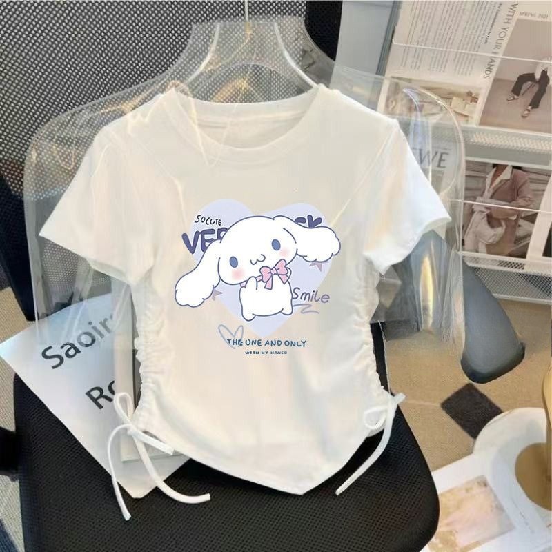 2025 My Melody & Kuromi Ice Silk Tee Bé Gái Dây Rút Áo Sơ Mi Mùa Hè Thiết Kế Hoạt Hình Dễ Thương