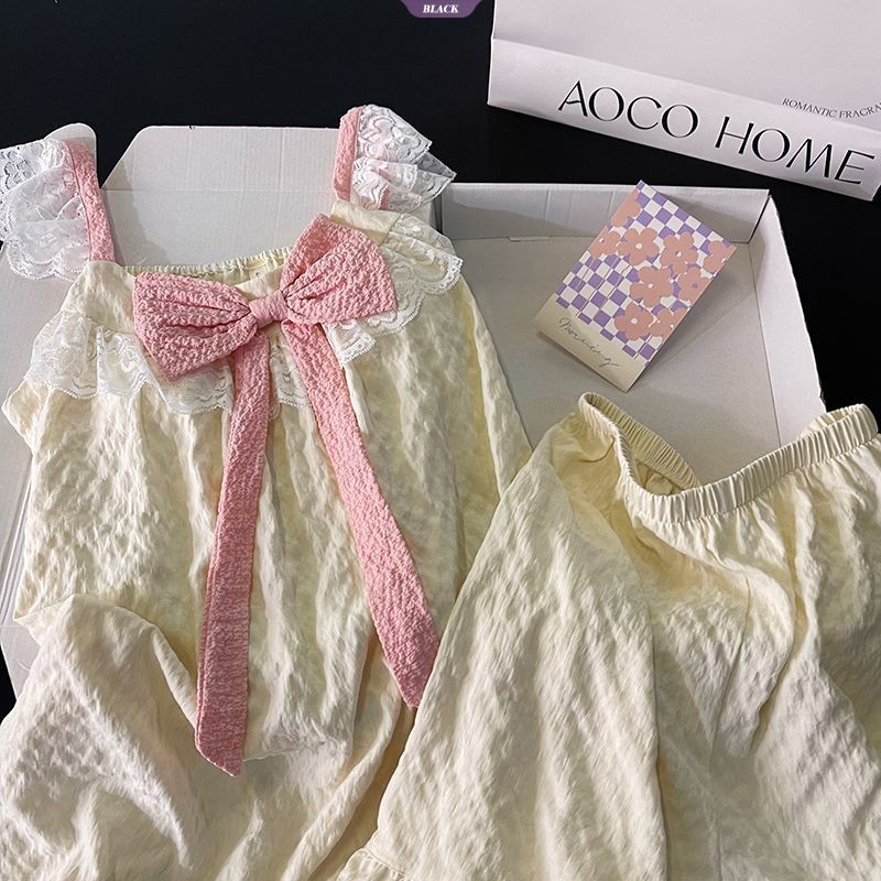 Nơ Hồng Có Miếng Lót Áo Ngực Bộ Đồ Ngủ Nữ Mùa Hè Ren Ngọt Ngào Gợi Cảm Quần Short Homewear Suit [BL]