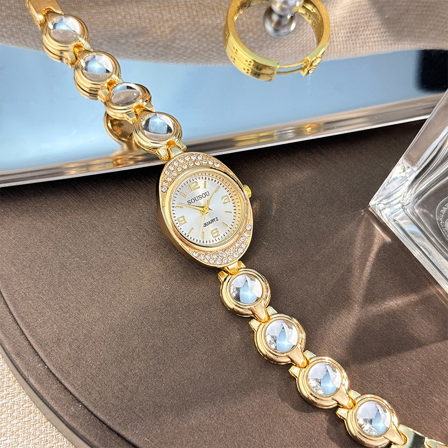 Đồng hồ nữ Bộ kim cương hình elip Vòng tay đá quý màu kho báu Fortune Treasure Đồng hồ thạch anh nữ Năm màu để lựa chọn: Trắng, Hồng, Đen, Đỏ, Xanh lục