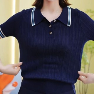 Mùa Hè 2025 Phong Cách Mới Tương Phản Màu Áo Polo Cổ Dệt Kim Ngắn Tay Áo Thun Nữ Thường Ngày Plus Size Top