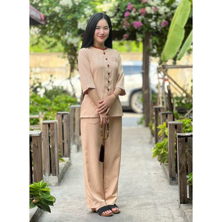 Lụa Hàn cổ trụ phối, set thời trang nữ đi chùa cao cấp