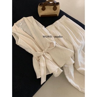 Mới Đơn Giản Không Tay Nẹp-Waist Ren-Up Top + Eo Co Giãn Cao Cấp Quần Ống Rộng Phù Hợp Với Hàng Ngày 2025 Thời Trang Mùa Hè Màu Trơn Có Thể