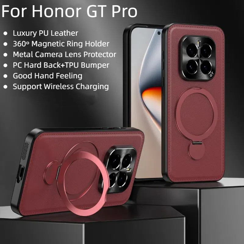 Dành Cho Honor GT Pro GTPro Ốp Lưng Da PU Sang Trọng 360o Giá Đỡ Vòng Từ Tính Kim Loại Bảo Vệ Ống Kính Máy Ảnh PC Vỏ Điện Thoại Cứng Cho Honor GT Pro