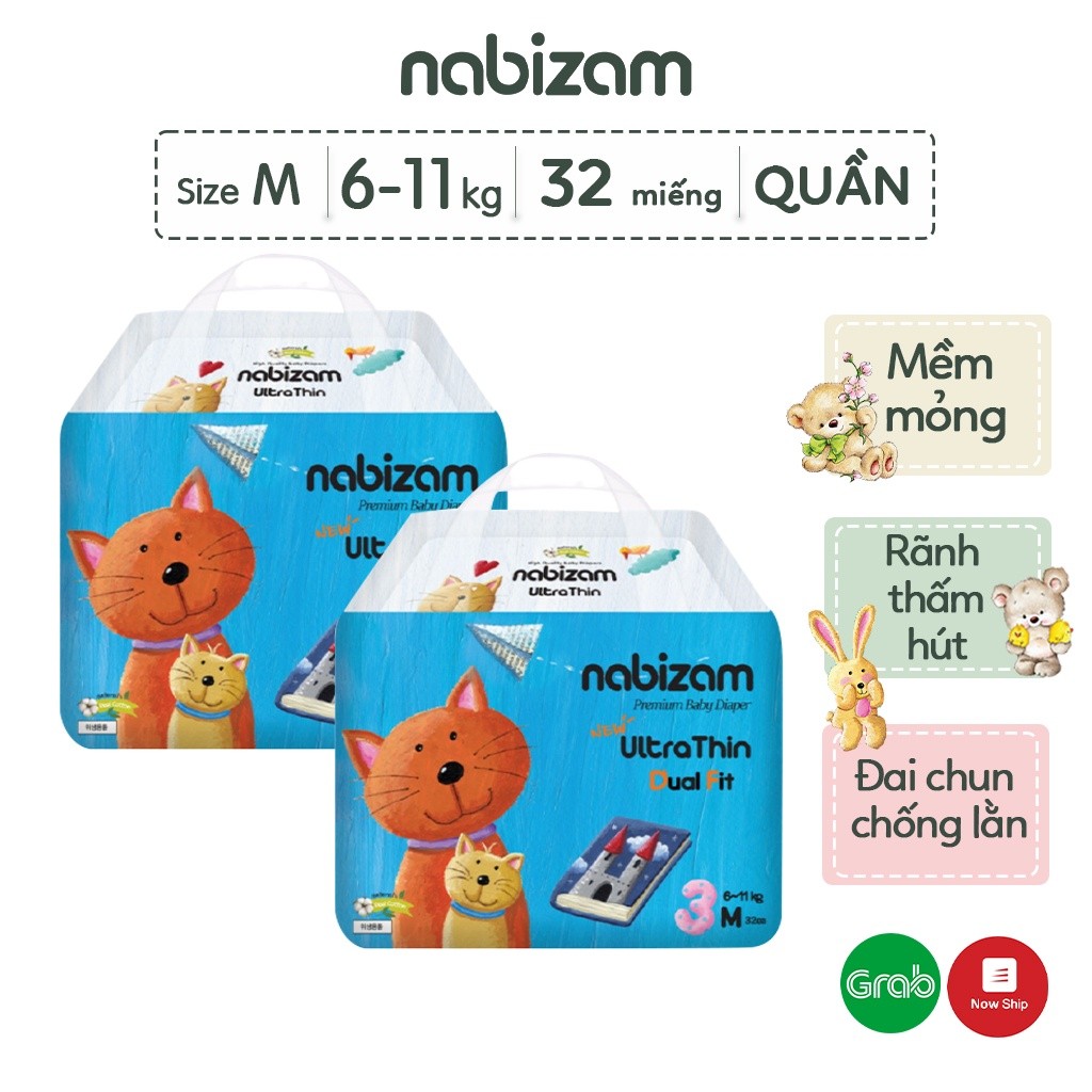 Ảnh COMBO 2 Tã/Bỉm Quần Nabizam UltraThin Nội Địa Hàn Cao Cấp Mỏng Vượt Trội, Thấm Hút Size M/6-11kg/32 Miếng/Bịch 2