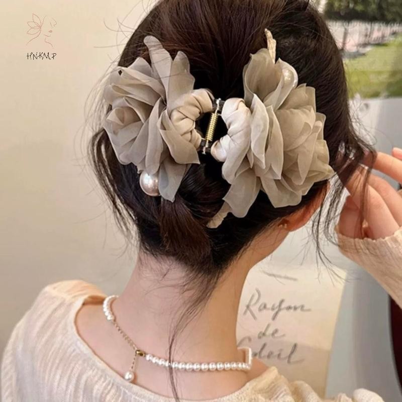 HNKMP Thanh Lịch Tinh Tế Lưới Vải Lớn Hoa Hồng Cho Nữ Cô Gái Giả Ngọc Trai Hoa Kẹp Phụ Kiện Tóc.
