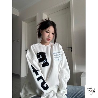 Áo thêu cỡ lớn áo rộng Đại Học áo thun trắng thêu thời trang dài tay Đại Học Áo chui đầu cổ tròn rộng rãi oversize cổ điển kiểu Mỹ mẫu mới thu đông cho nữ