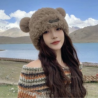 Mũ len gấu dễ thương dành cho nữ mùa đông dày sang trọng ấm áp mũ lông đầu mùa thu đông mũ dệt kim chu vi đầu lớn