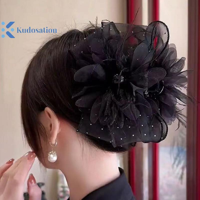 Kudosation Lưới Ren Đen Ruy Băng Nơ Tóc Vuốt Kẹp Tóc Lớn Đuôi Ngựa Giá Đỡ Kẹp Tóc Phụ Kiện Tóc Cho Nữ