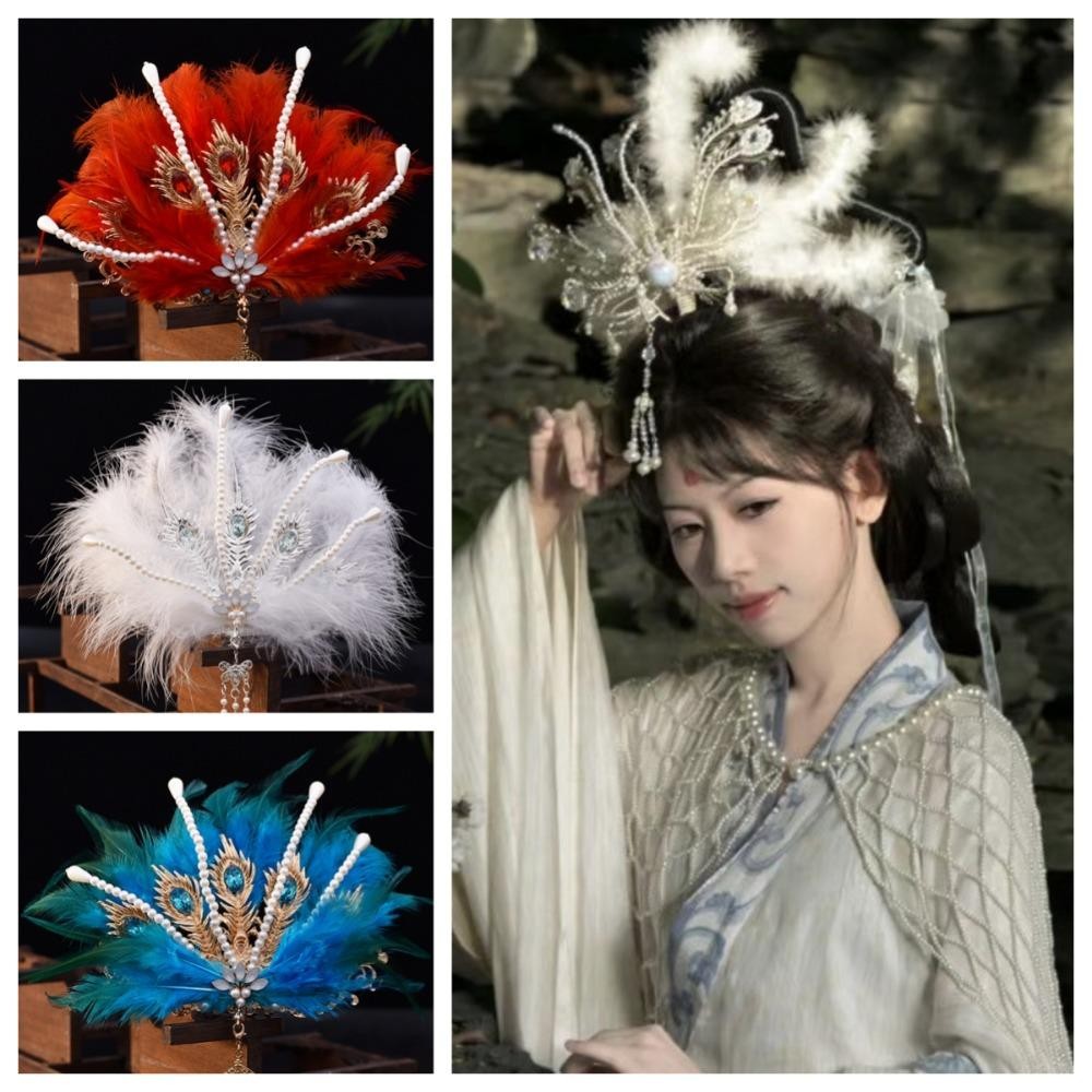 Vương Miện Tóc Hanfu ZENZON, Trang Sức Cổ Tích Kim Cương Giả Phoenix Coronet, Tua Rua Thanh Lịch Dân Tộc Vintage Peri Feather Tiara Bé Trai / Bé Gái