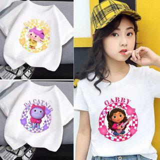 Gabby 's Dollhouse loạt phim hoạt hình Áo thun trắng tinh khiết in hình dễ thương quần áo ngắn tay hàng ngày dành cho trẻ em