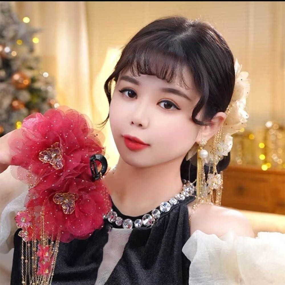 Kẹp Tóc Hoa MERIGGIARE, Chất Liệu Lưới Hoa Sen Kẹp, Tua Rua Kim Sa Lấp Lánh Nhựa Vuốt Tóc Nữ