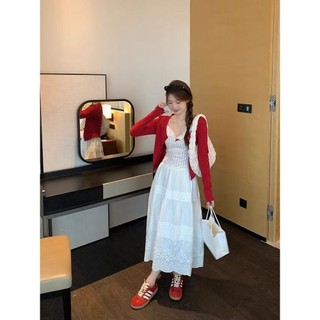 Phong Cách Hàn Quốc Nữ Ren Móc Thêu Co Giãn Eo Xếp Ly Váy Dài Midi Đầm