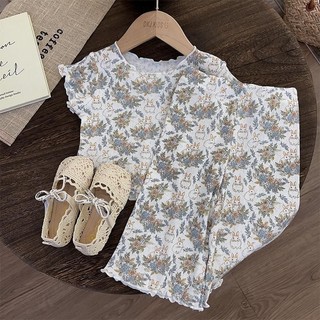 Bộ đồ ngủ màu tương phản dành cho bé gái mẫu mỏng mùa hè, đồ mặc nhà cho bé gái phong cách công chúa hoa nhí, bộ đồ hai chiếc ngắn tay