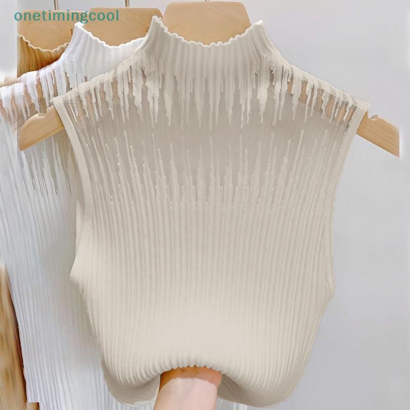 Onetimingcool Mùa Hè Hàn Quốc Nửa Cổ Rùa Rỗng Dệt Kim Áo Vest Nữ Màu Trơn Không Tay Slim Top VN