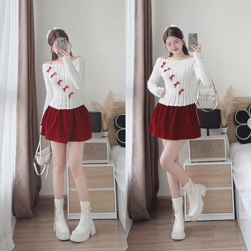 sét đồ đi chơi giáng sinh nữ, áo len cổ bẹt đính nơ, kèm chân váy ngắn xếp tầng sang chảnh Women Top Nhung