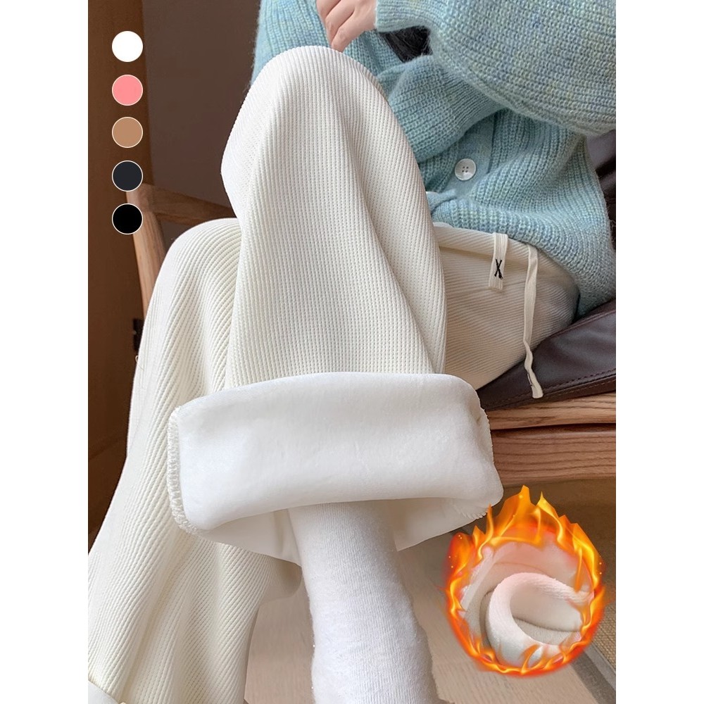 Quần nhung kẻ lót nhung Quần thể thao nữ thu đông dày dặn rộng rãi thon gọn ống đứng thoải mái