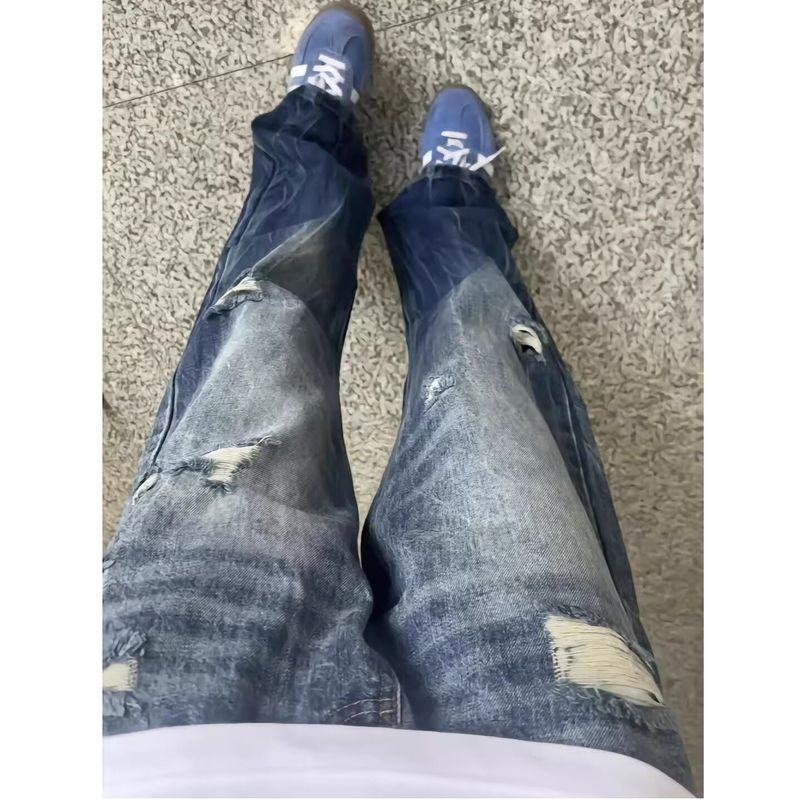 ThaliaWisp Quần Jean Nam American High Street Lightning Họa Tiết Rách Mới Giặt Quần Dài Cổ Điển