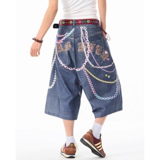 GKSSS Quần short denim nam kiểu Mỹ cổ điển dáng rộng phong cách hip-hop giản dị in dây chuyền màu phong cách trung tính