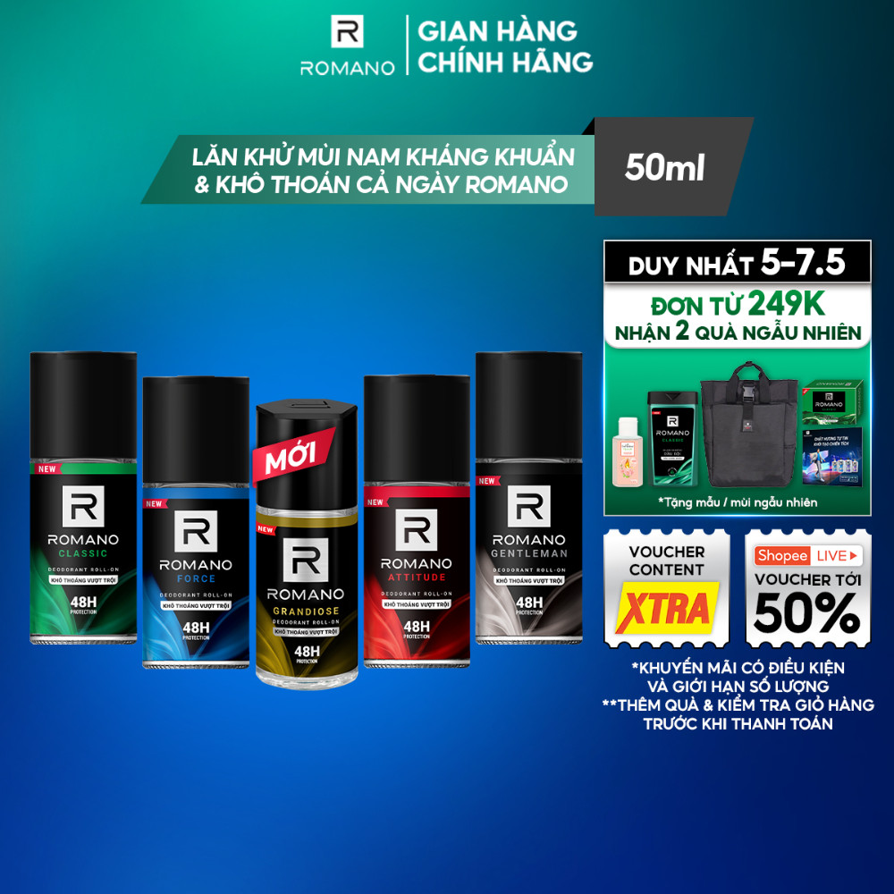 Ảnh Lăn khử mùi nam nam kháng khuẩn & khô thoáng cả ngày Romano 50ml/chai - 4 mùi có sẵn 1