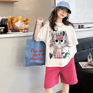 Set đồ bé gái mùa hè kiểu dáng Hàn Quốc – Áo thun mèo in hình + quần short lửng dễ thương