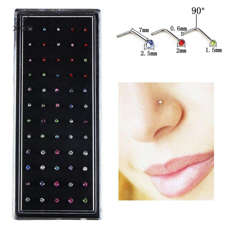 XON Set 60 khuyên mũi hình chữ L đính đá bằng thép không gỉ