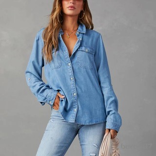 Áo Sơ Mi Nữ Denim Màu Trơn Xoay Cổ Dài Tay Jean Áo Mùa Xuân Rời Áo Dạo Phố