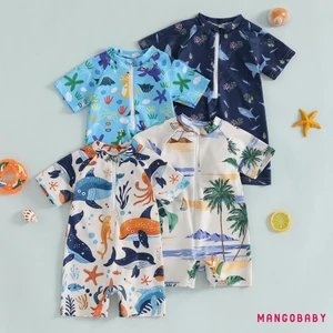Mg-toddler Bé Trai Bé Gái Đồ Bơi In Hình Cá Mập Tay Ngắn Mock Cổ Zip Up Rash Guard Bộ Đồ Tắm