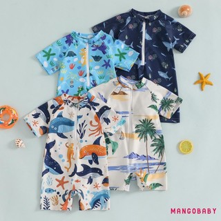 Mg-toddler Bé Trai Bé Gái Đồ Bơi In Hình Cá Mập Tay Ngắn Mock Cổ Zip Up Rash Guard Bộ Đồ Tắm